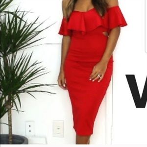 Red Strappless Midi Dress